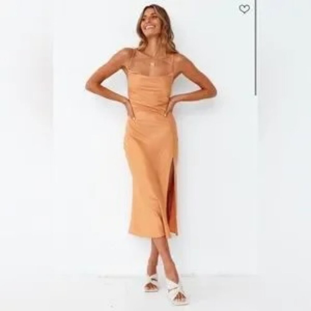 Fortunate One Sunset Orange Satin Midi Dress